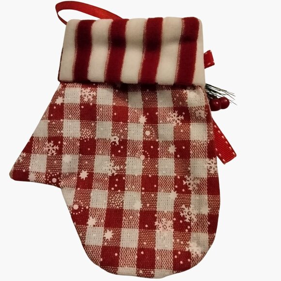 Red White Gingham Mitten Ornament Handcrafted Lamppost Pin Gift Card Holder - Picture 7 of 9